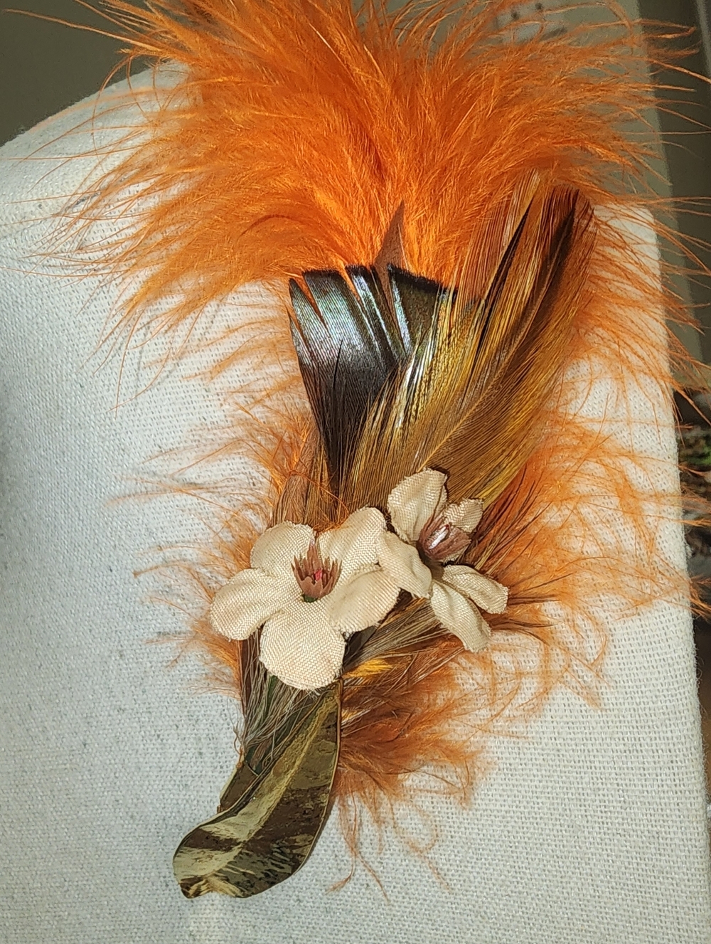 Handmade Vintage Orange Feather and Floral Fascinator Pin